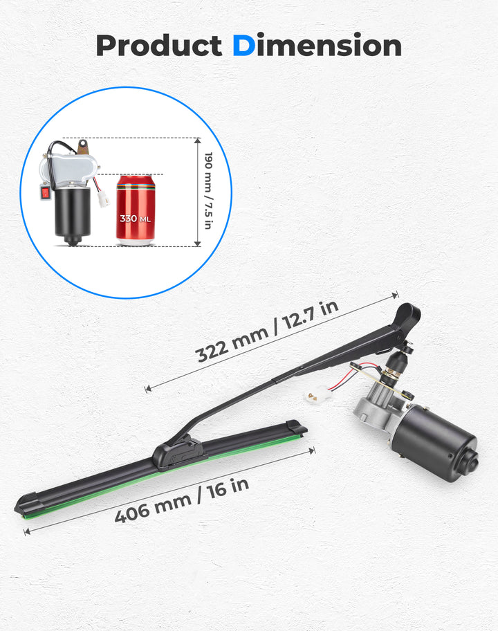 12V Electric Windshield Wiper Kit 16" for most UTV