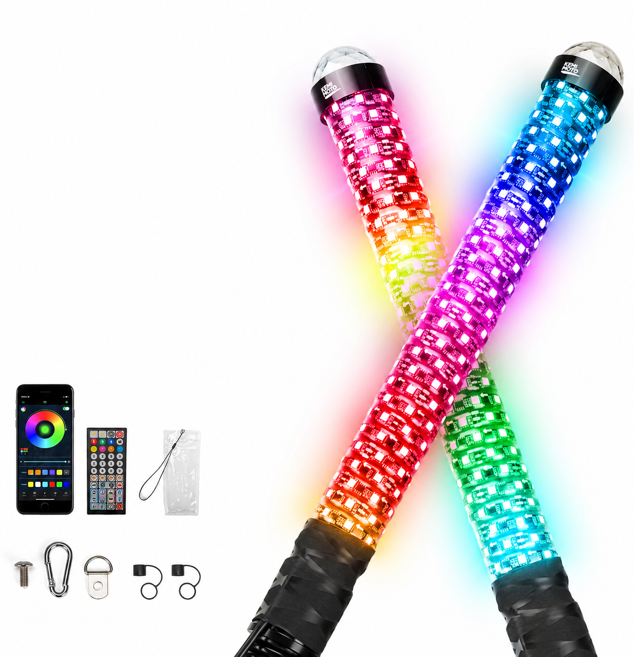 2PCS 2FT LED Whip Lights RGB Spiral Chasing for UTV ATV Can-Am Polaris