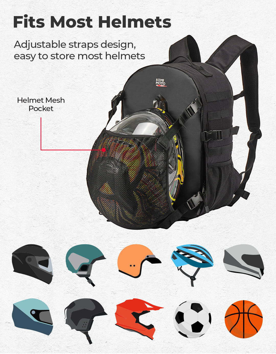 Motorcycle Helmet Backpack, 27-35L - Kemimoto