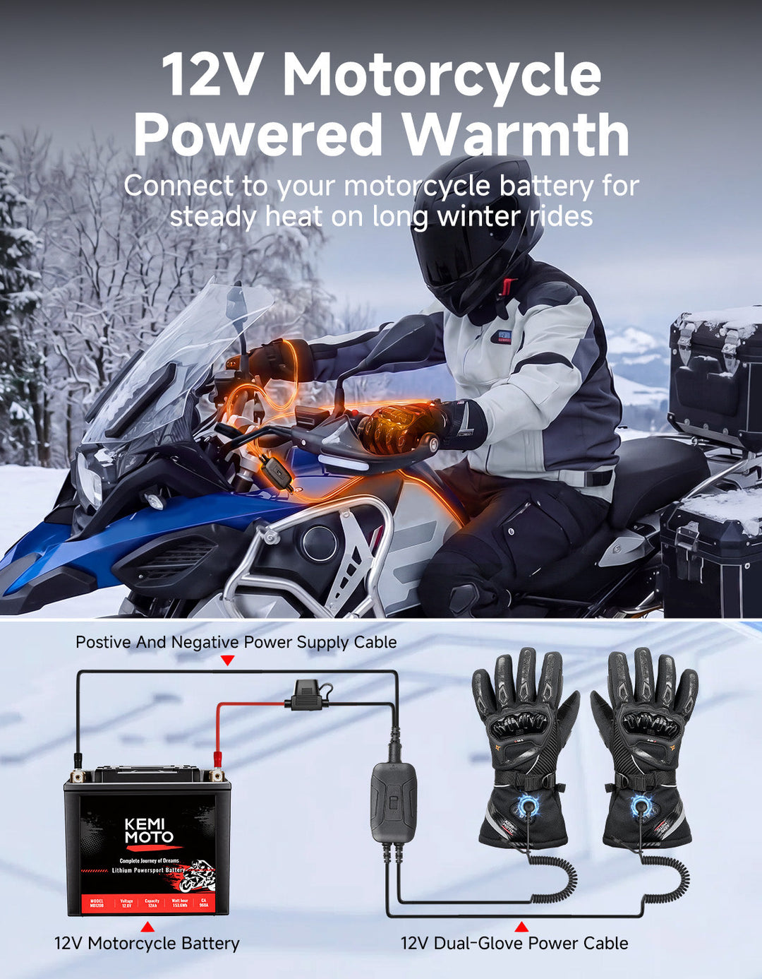 Heated Winter Motorcycle Riding Gloves  Gear with Magnetic Quick-Release Power Cable