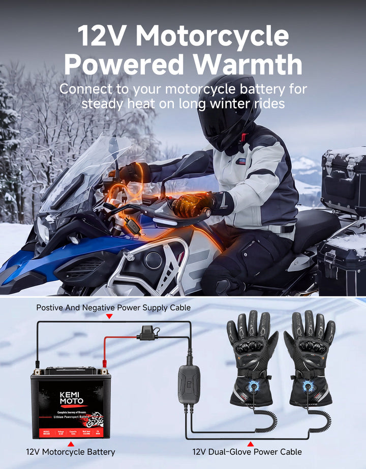 Heated Winter Motorcycle Riding Gloves  Gear with Magnetic Quick-Release Power Cable