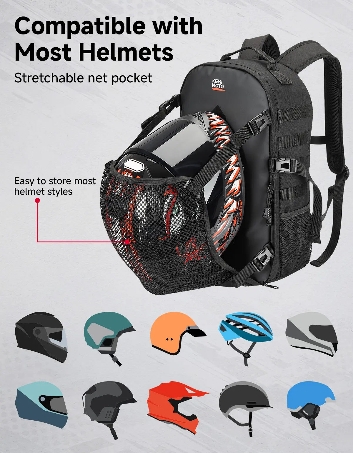 20L Motorcycle Helmet Bag with Hidden Helmet Net