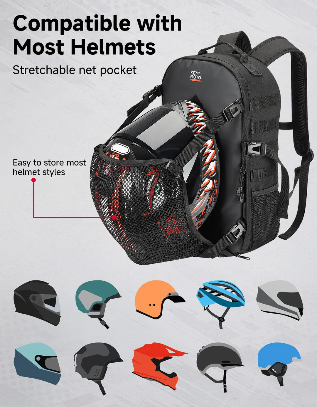 20L Motorcycle Helmet Bag with Hidden Helmet Net