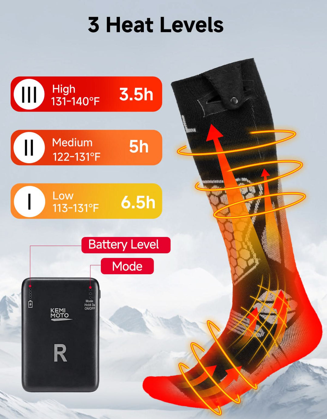 Black App-Controlled Heated Socks with 5000mAh Batteries