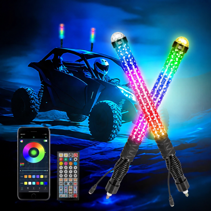 2PCS 2FT LED Whip Lights RGB Spiral Chasing for UTV ATV Can-Am Polaris