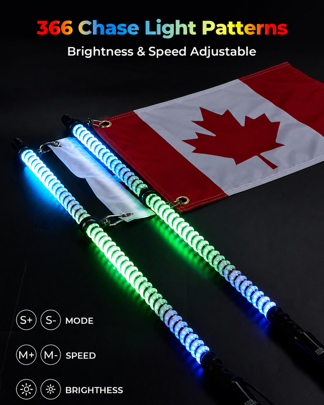 2PCS 3FT COB Whip Lights w/ App & Remote Control for UTV ATV Boats