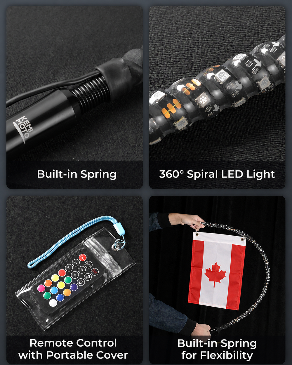 Collage of a product with features including a built-in spring, 360° spiral LED light, remote control, and flexibility.
