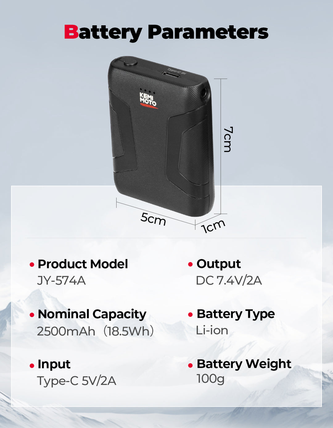 Rechargeable Battery 7.4V 2500mAh for Heated Gloves