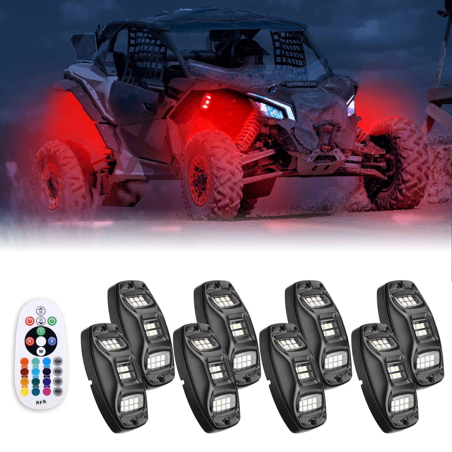 Universal 8 Pods RGB Rock Light Kit For UTV ATV Jeep Truck SUV Car - Kemimoto