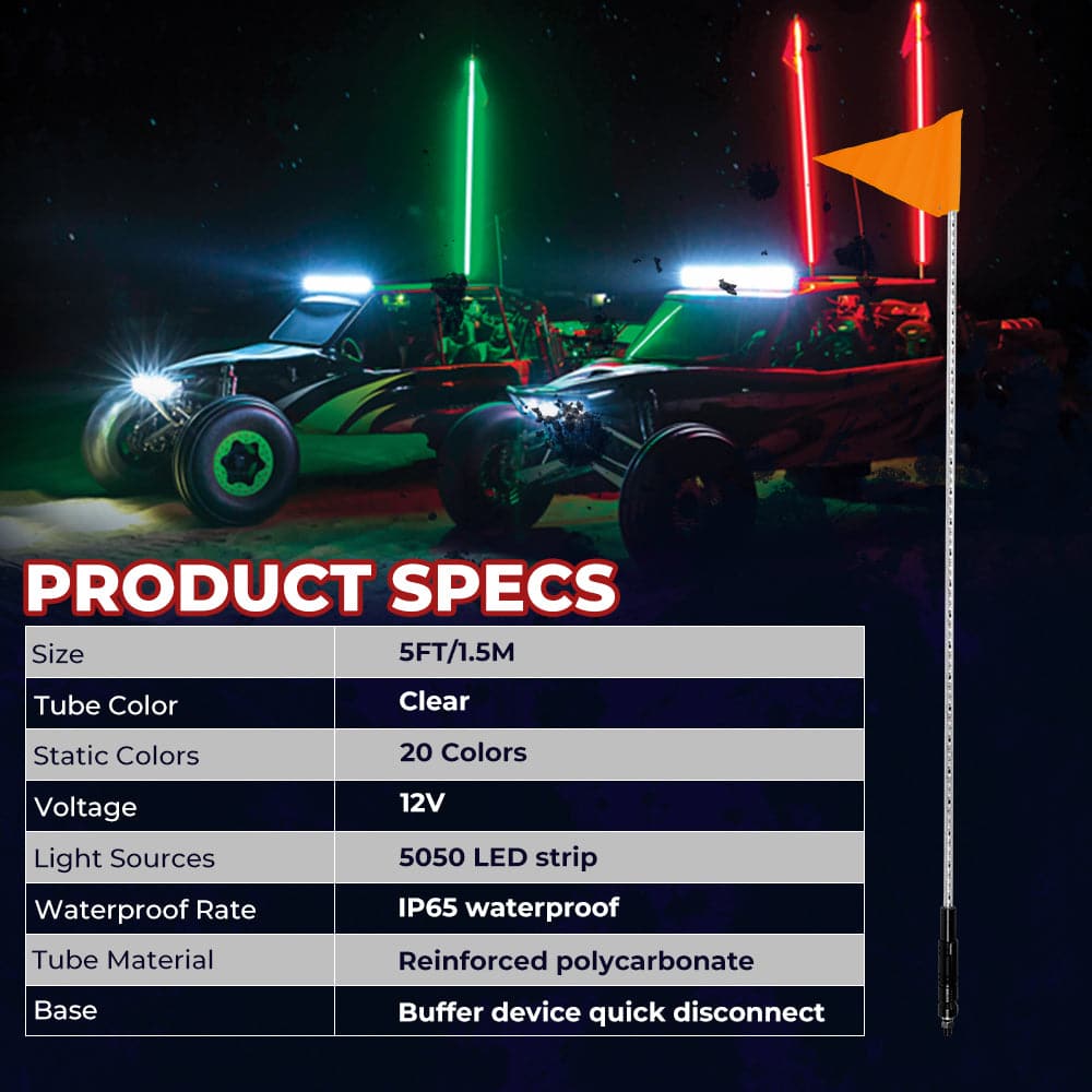 LED Whip Lights for ATV/UTV/RZR (5FT & RGB - 1PC) - KEMIMOTO