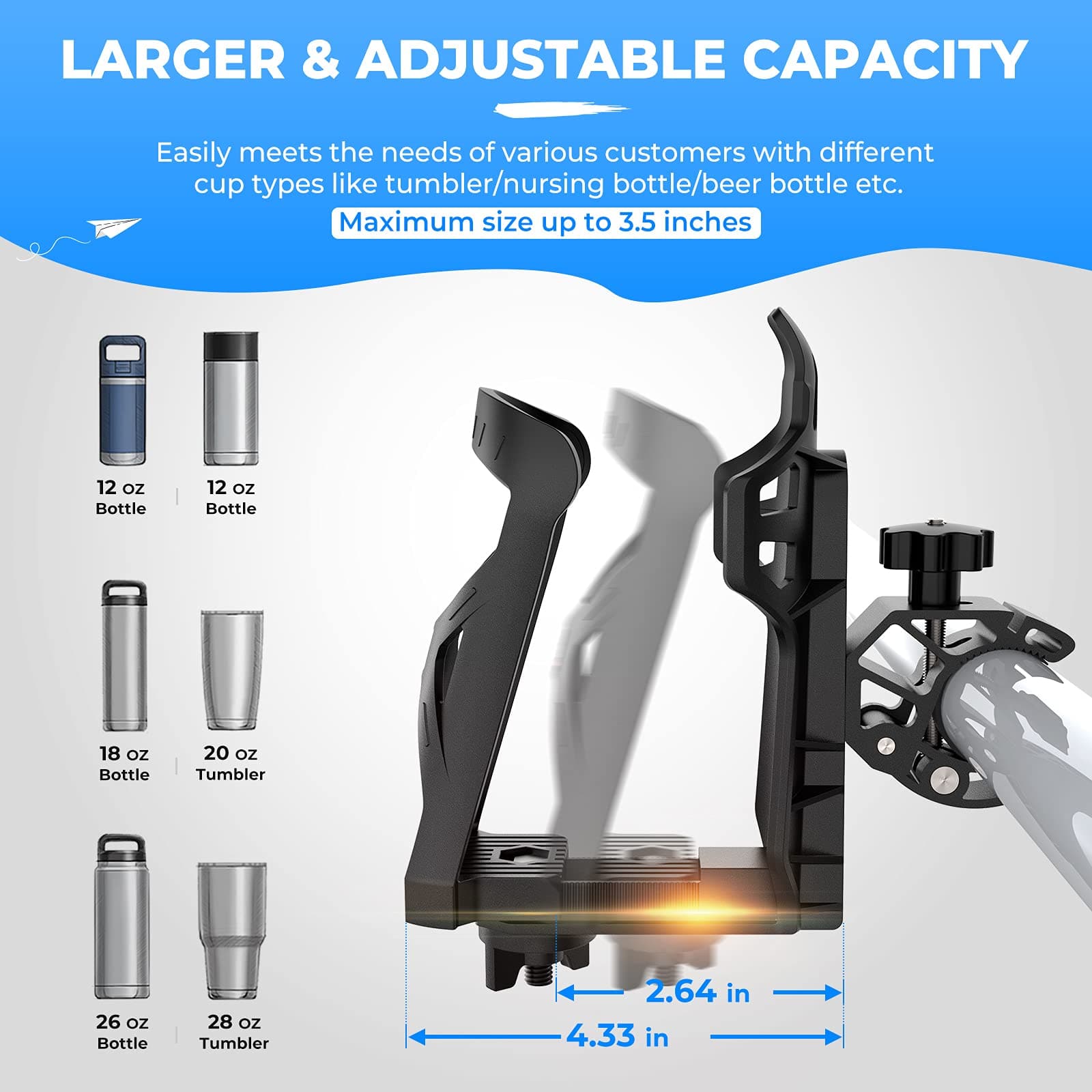 Upgraded Drink Holder Bike Water Bottle Holder Speaker Mount with 0.6”-1.75” Metal Clamp - KEMIMOTO