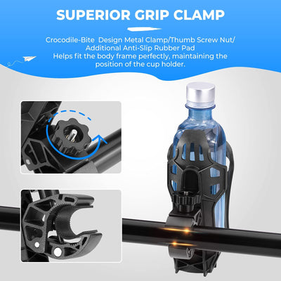 Upgraded Drink Holder Bike Water Bottle Holder Speaker Mount with 0.6”-1.75” Metal Clamp - KEMIMOTO