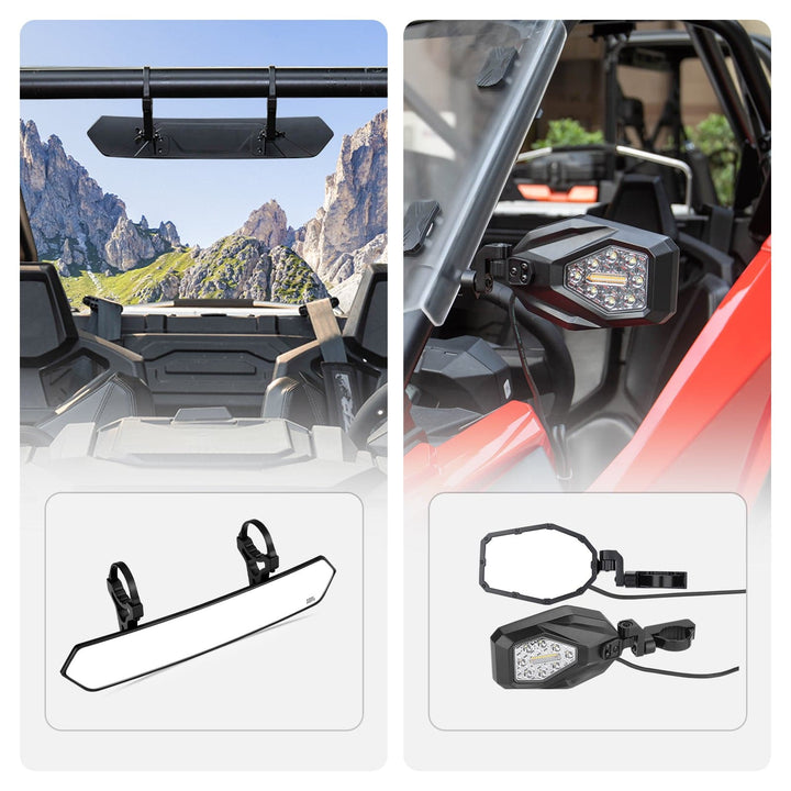 UTV 1.65"-2" Round Tube Adjustable Rear View Mirror & UTV 1.6"-2" Round Tube Adjustable LED Side Mirror With Turn Signal Light - Kemimoto