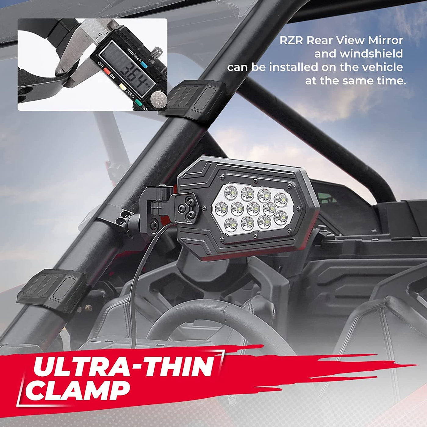 UTV Side Rear View Mirrors Fits 1.75" - 2" Roll Bar For Can-am Maverick X3, Polaris RZR XP 1000, Ranger, Kawasaki - Kemimoto