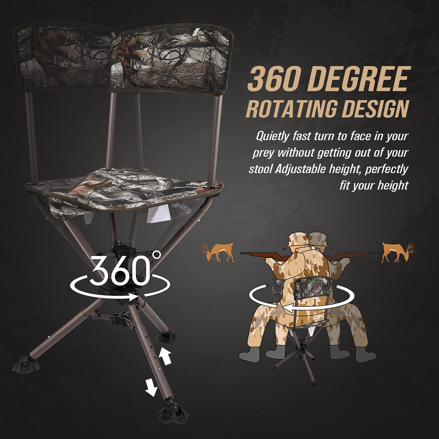 360°Tripod Swivel Hunting Chair with Backrest - Kemimoto