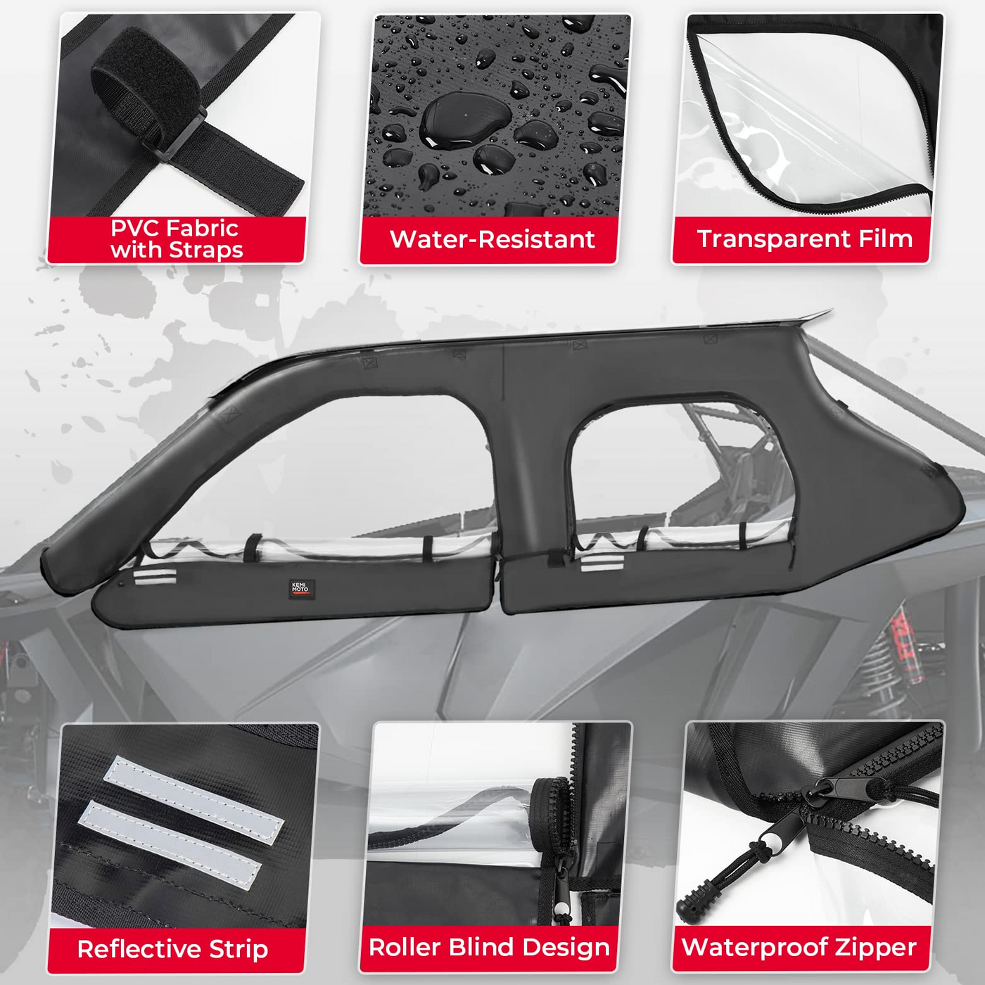 KEMIMOTO UTV Cab Enclosure Upper Doors For Polaris RZR 200 (2022-2025) - Roll-Up Windows For All-Weather Protection